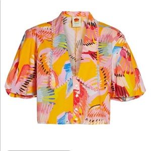 Farm rio neon macaws collar puff sleeve blouse